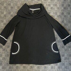 Ali Miles black white trim cowl neck a-line flowy gauzy crinkle tunic top mod L